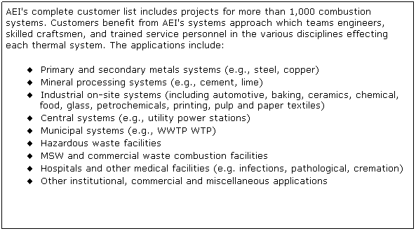 Text Box: AEI's complete customer list includes projects for more than 1,000 combustion systems. Customers benefit from AEI's systems approach which teams engineers, skilled craftsmen, and trained service personnel in the various disciplines effecting each thermal system. The applications include:
 Primary and secondary metals systems (e.g., steel, copper)
 Mineral processing systems (e.g., cement, lime)
 Industrial on-site systems (including automotive, baking, ceramics, chemical, food, glass, petrochemicals, printing, pulp and paper textiles)
 Central systems (e.g., utility power stations)
 Municipal systems (e.g., WWTP WTP)
 Hazardous waste facilities
 MSW and commercial waste combustion facilities
 Hospitals and other medical facilities (e.g. infections, pathological, cremation)
 Other institutional, commercial and miscellaneous applications
