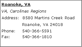 Text Box: Roanoke, VAVA, Carolinas RegionsAddress:  8580 Martins Creek Road 	Roanoke, VA 24018Phone: 	540-366-5591 Fax:	540-366-1810 