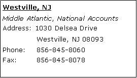Text Box: Westville, NJMiddle Atlantic, National Accounts Address: 1030 Delsea Drive 	Westville, NJ 08093Phone: 	856-845-8060Fax:	856-845-8078