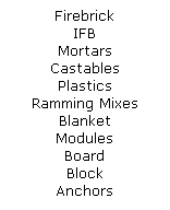 Text Box: Firebrick
IFB
Mortars
Castables
Plastics
Ramming Mixes
Blanket
Modules
Board
Block
Anchors

